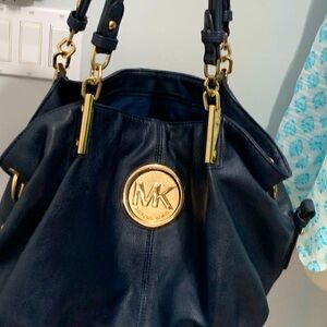 Michael Kors Navy Blue Shoulder Bag with Gold Hardware